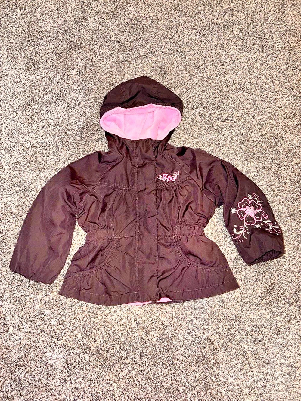 Y2K Pink and Brown Winter Coat with Floral Embroidery